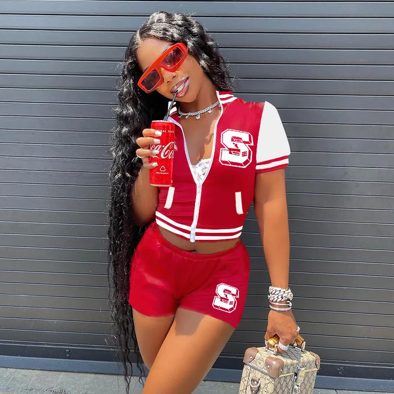 Wholesale 2022 Sports And Leisure Zipper Short Sleeved Y2K Top Shorts Jacket Suit Two Piece Suit Women