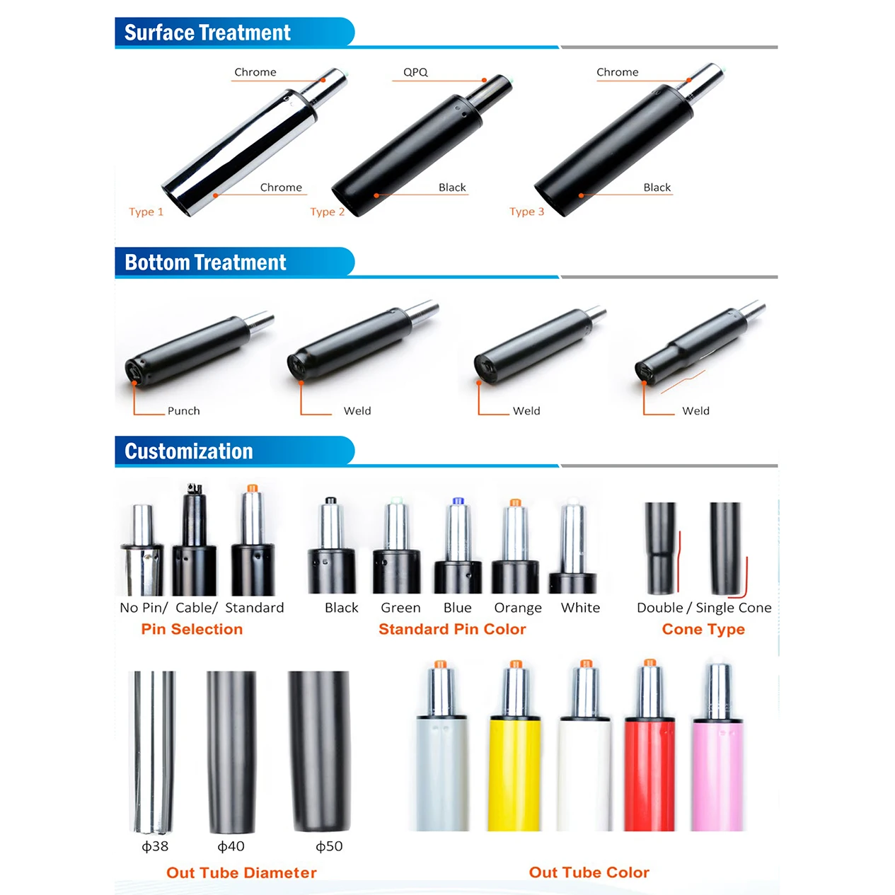 Powder / Black Cylinder Gas Lift For Office Chair Master Lift Gas Spring