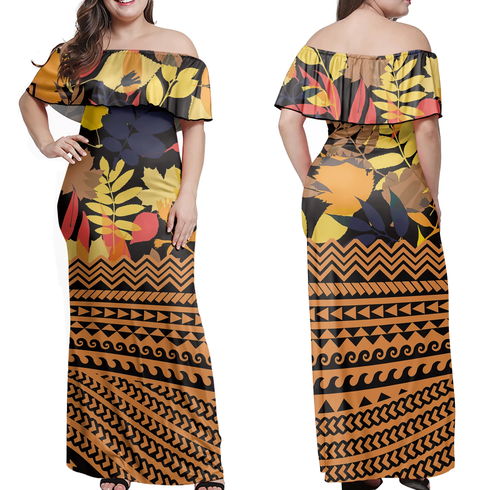 Wholesale Custom ladies dress Polynesian Tropical Tribal Printed Women Maxi Dresses Summer long sleeve dress