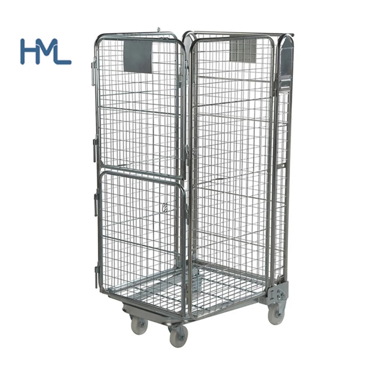 HML mild steel collapsible heavy duty folding wire mesh laundry roll cage trolley for industrial laundry