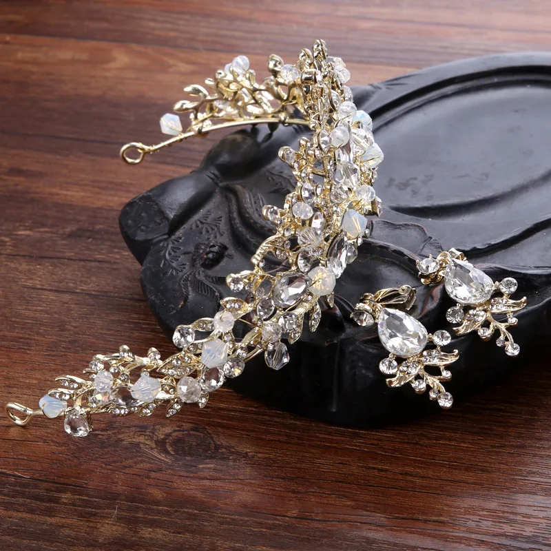 Leaves teardrop Rhinestones Bride Hair Accessories Wedding Queen Crown Earring Set Bridal Hairband for Wedding Tiaras