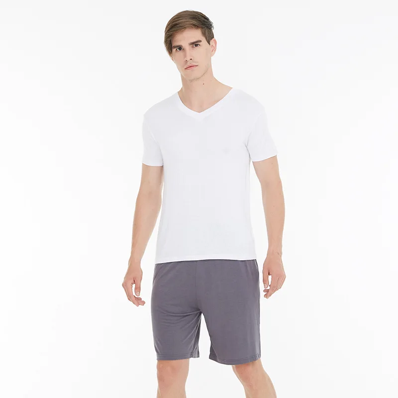 Летняя мужская одежда LYX025, пижамы из модала с V-образным вырезом, пижамы, костюмы, повседневная одежда для отдыха с коротким рукавом, однотонная