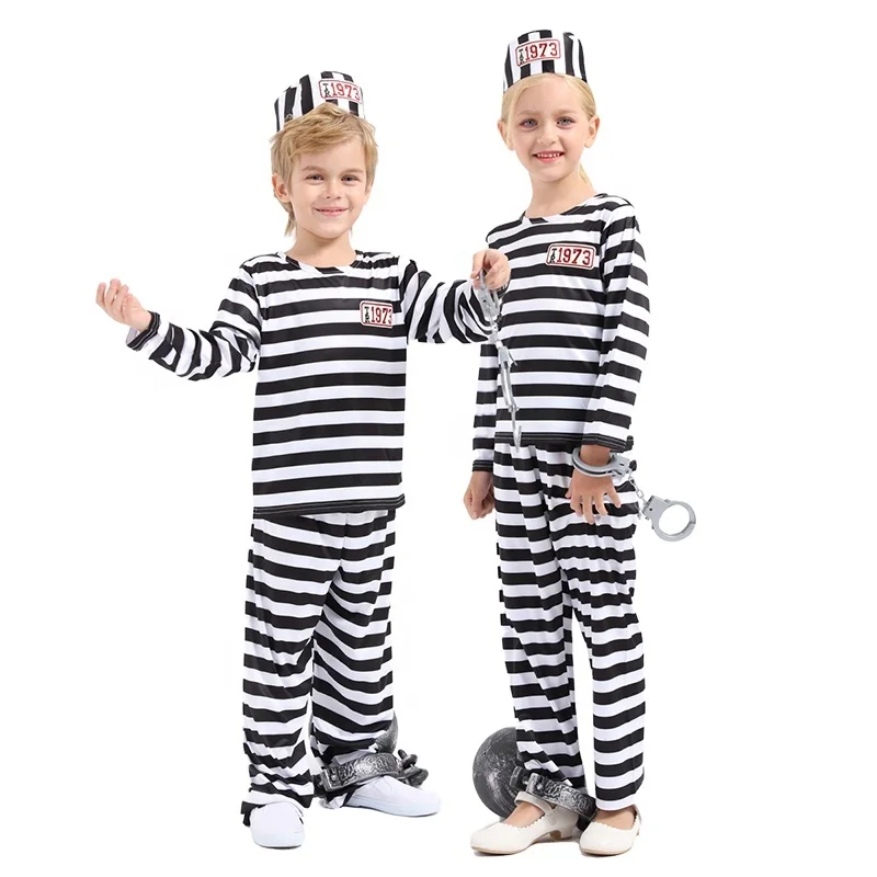 Carnival role play prisoner black and white costume convicts or inmates uniform for kids