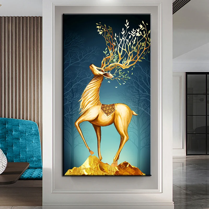Landscape Gold Luxury Modern Abstract Deer and Tree Moon Wall Pictures Print on Canvas Oil Painting For Home Living Room Decor