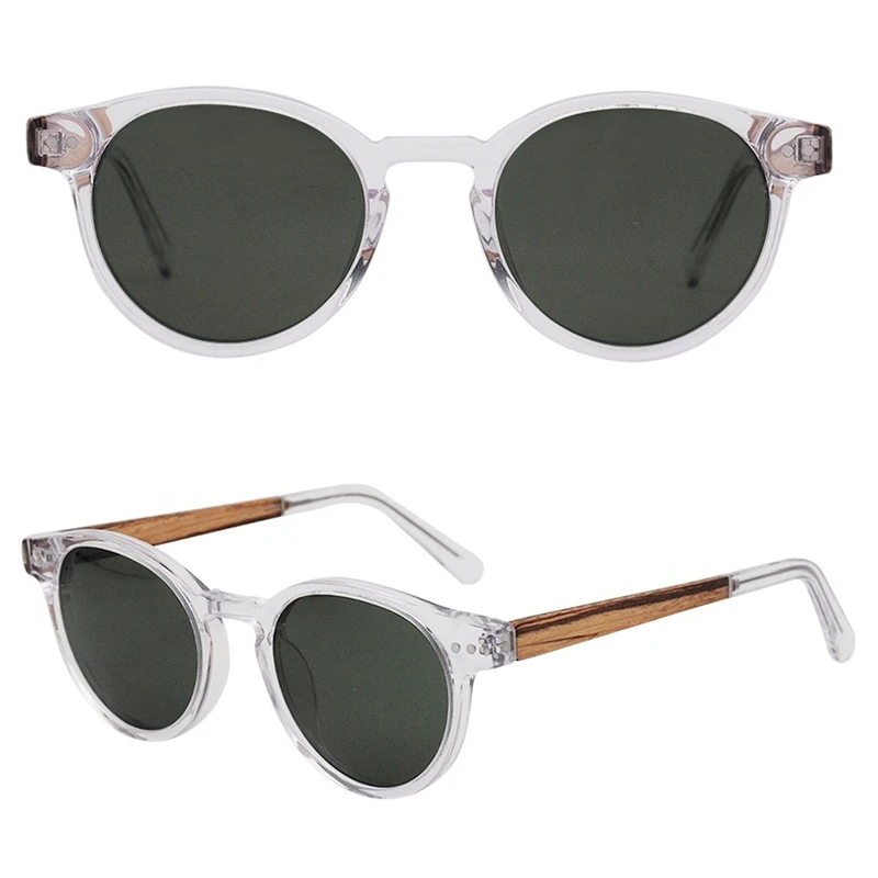 New fashion high quality round acetate frame wooden temple sunglasses