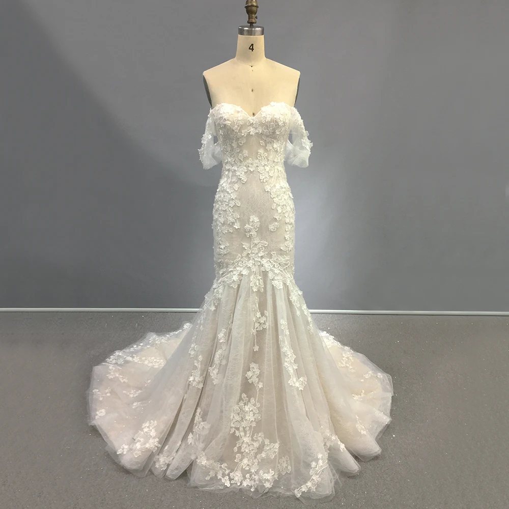 TEENYEE New Trends Customized Size Short Sleeves Long Lace Evening Dress ball Gown Wedding Dresses For Bride