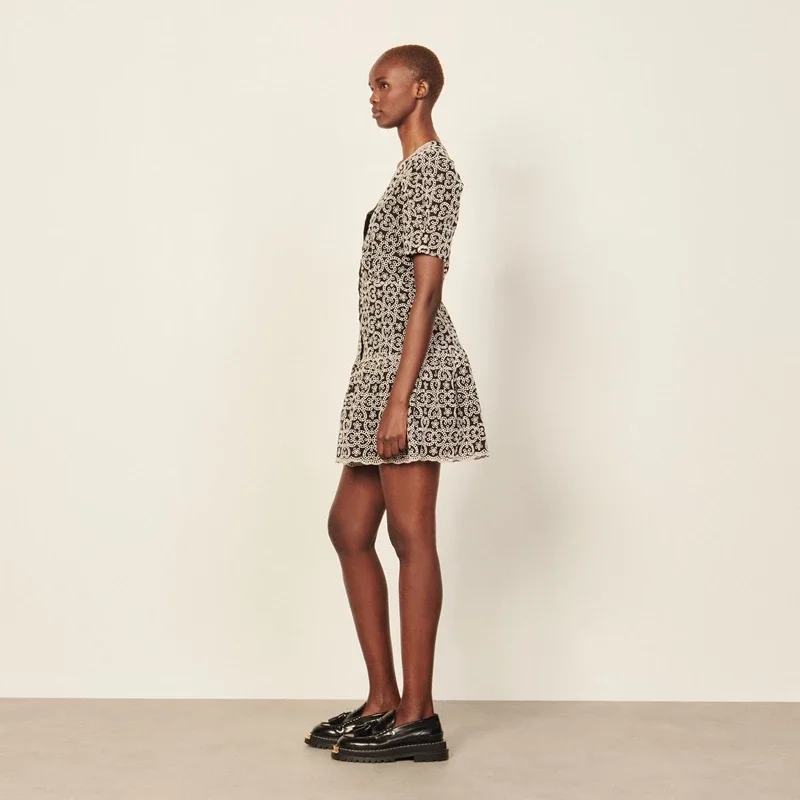 SANDRO Wholesale Custom 2022 Women Geometric Printed V-neck Mini Dress France Paris Brand Summer New Sexy Embroidery Lace