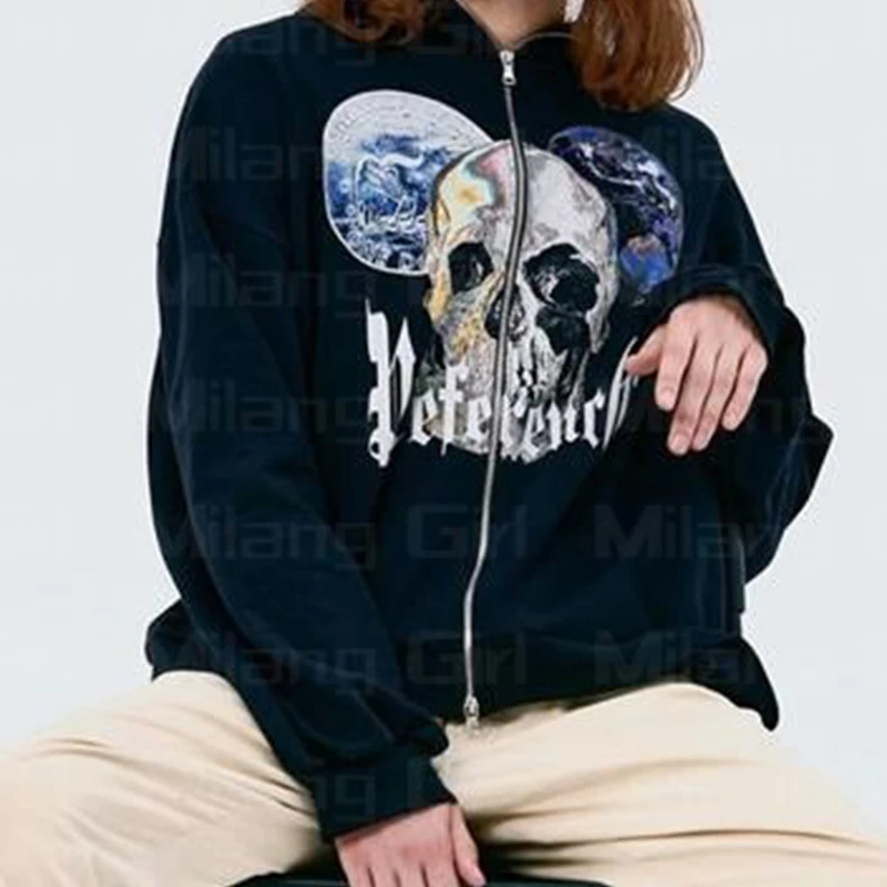 Wholesale high quality customize full zip up unisex rhinestone men skeleton hoodie