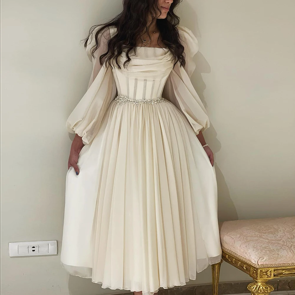 Jancember Dubai Beige Short Midi Arabic Evening Dress With Belt Long Sleeves Tea Length Women Formal Wedding Party Gowns Scz136
