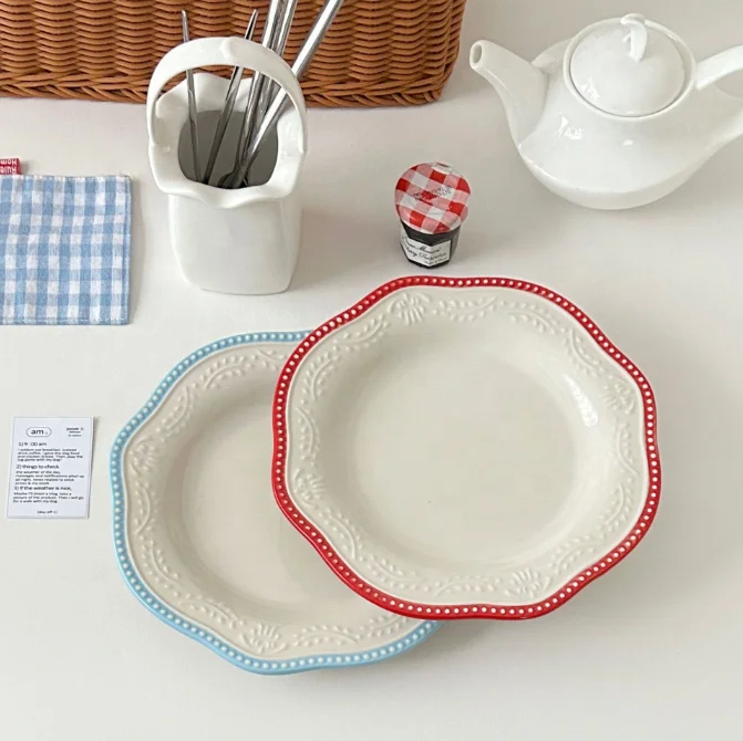 wholesale wedding Vintage lace relief plate ceramic tableware Western plate dessert plate for home bar Restaurant