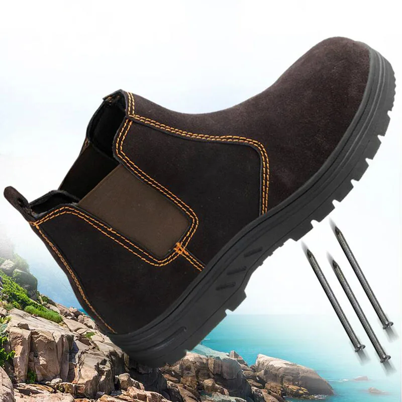 Mens Casual Big Size Welder Safety Boots Cow Leather Steel Toe Covers Work Shoes Outdoor Worker Chelsea Boot