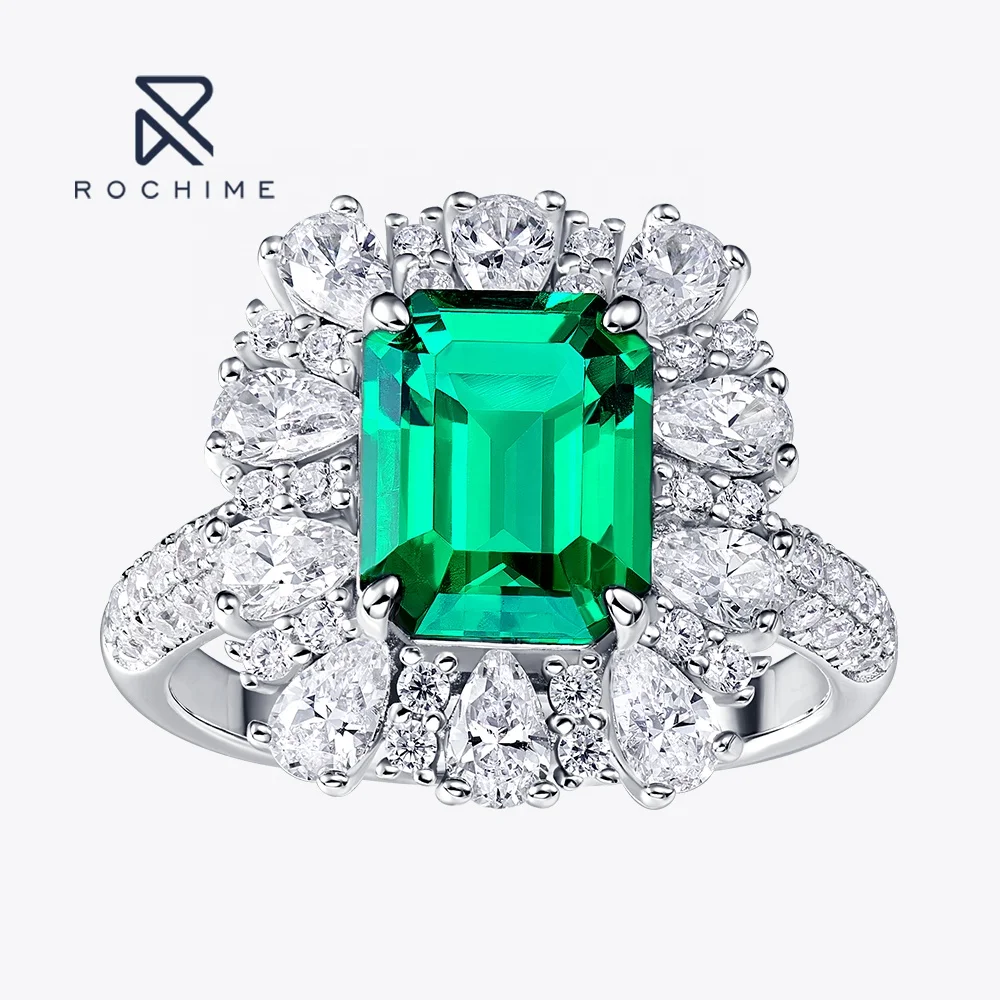 Rochime fashion jewelry luxury flower cluster lab grown emerald ring925 sterling silver gold plated 5a zircon jewelry