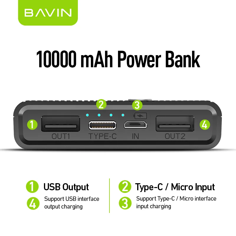 BAVIN PC050 Wholesale Price Portable Large Capacity 10000mAh Power Bank 2 USB Port 2.1A Output Fast Charging Slim PowerBank
