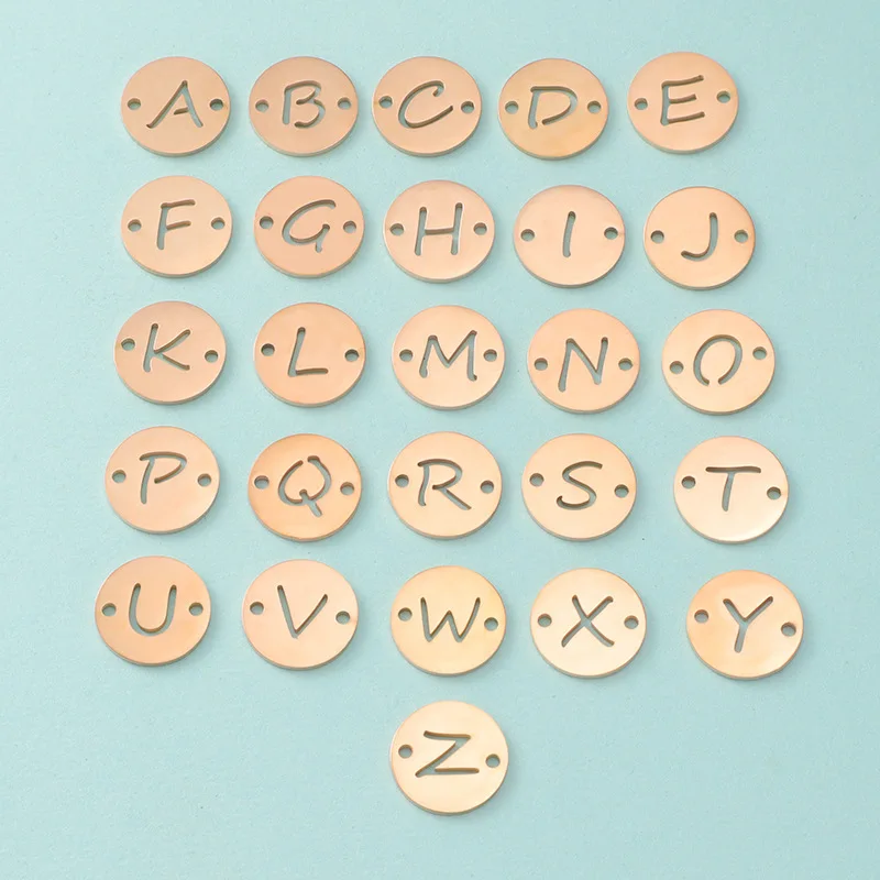13mm Round Stainless Steel Hollow 26 English Letter Pendant With Double Hole Creative Filigree Connector DIY Jewelry Accessories