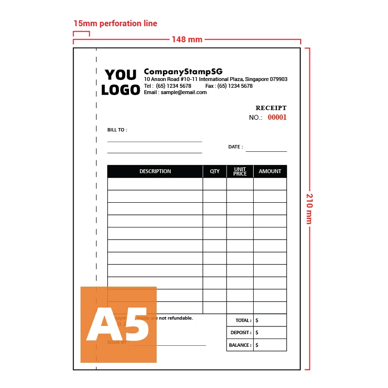 Custom NCR No Carbon Required Paper Receipt commercial  Proforma Invoice Book (A5) With Perforation Line