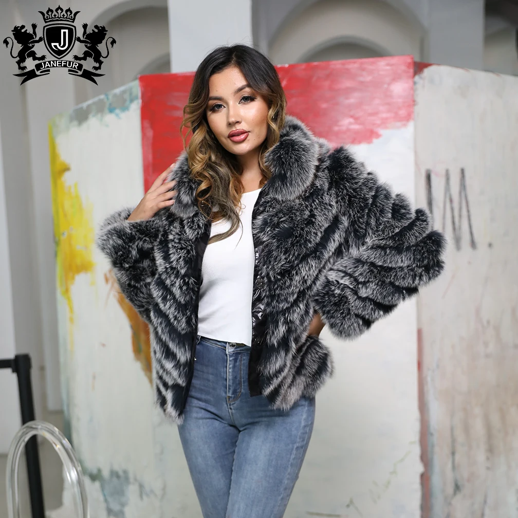 JANEFUR Factory Wholesale Fluffy Fox Fur Plus Size Reversible Wear Natural Fox Fur Jacket For Women