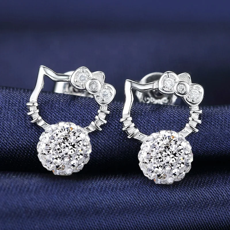 Lovely Bow Kate Cat Necklace Earring Set Jewelry Full Of Rhinestone Shambhala Ball Women 925 Sterling Silver Hello Kitty Jewelry