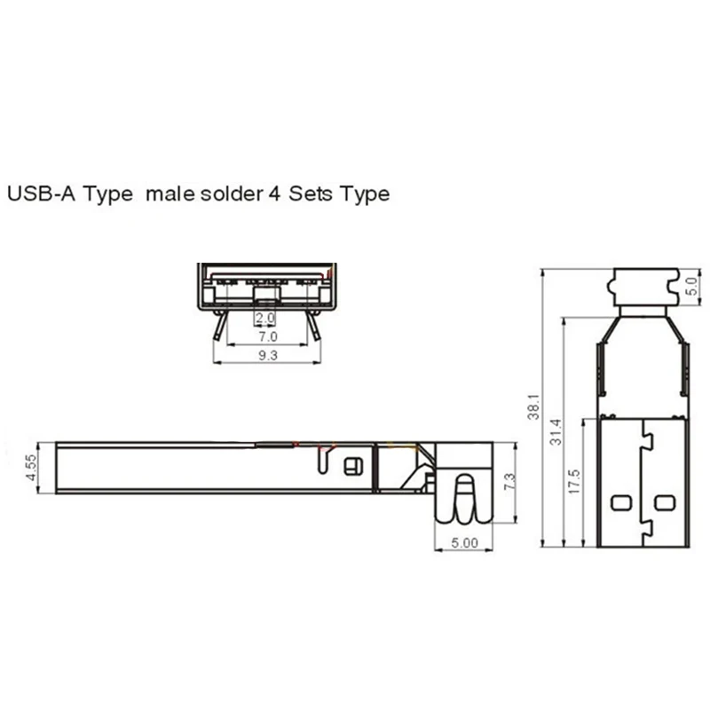 Nickel Plated Metal usb2.0 connector male solder USB a type PCB usb-A Tail Socket 3 in 1 PC DIY Adapter
