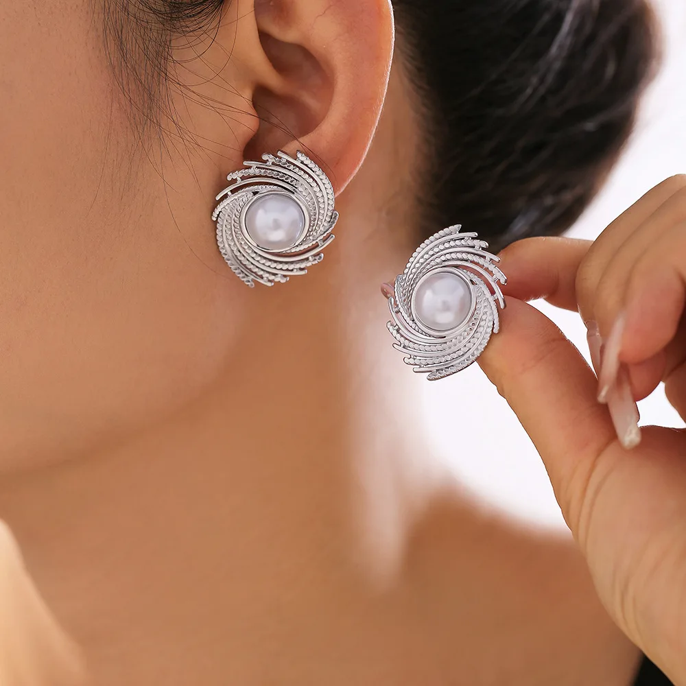 Hyperbole Irregular Geometric Earring 18k Gold Plated Stainless Steel Emerald Cat Eye Stone Inlay Spiral Coil Stud Earring