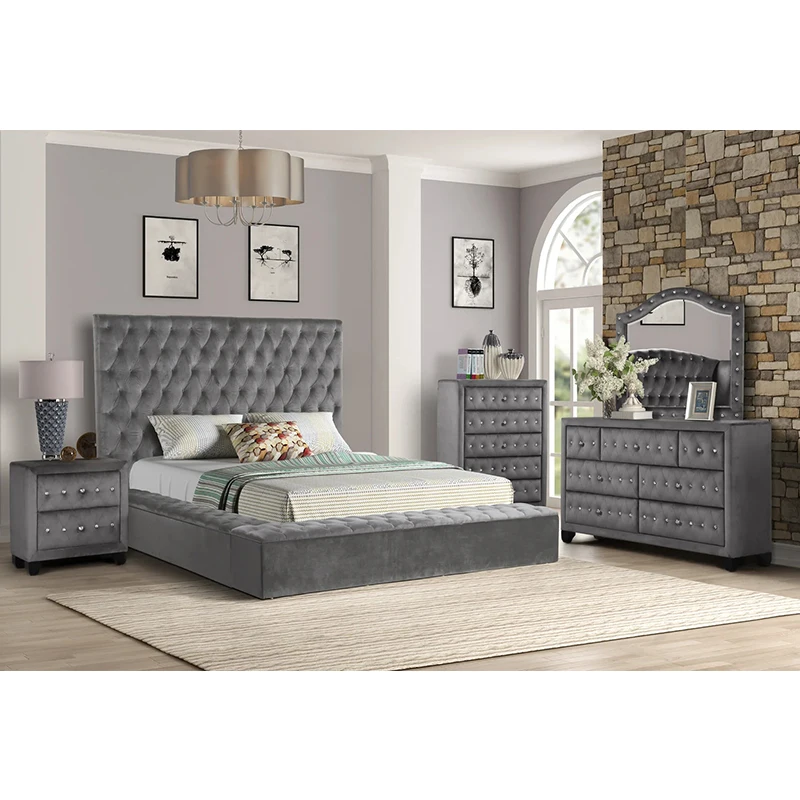 Modern Upholstered Headboard Bed Room Design Furniture Velvet Camas Storage Beds Queen Bedroom Sets In Gray