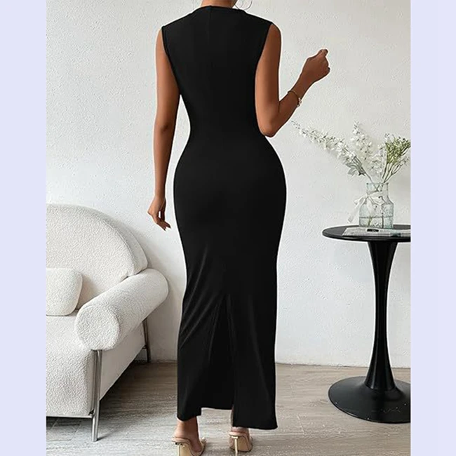 Channel 2024 Summer Women Casual Empire Waist Breathable Split Back Solid Ruched Sleeveless Bodycon Maxi Dress