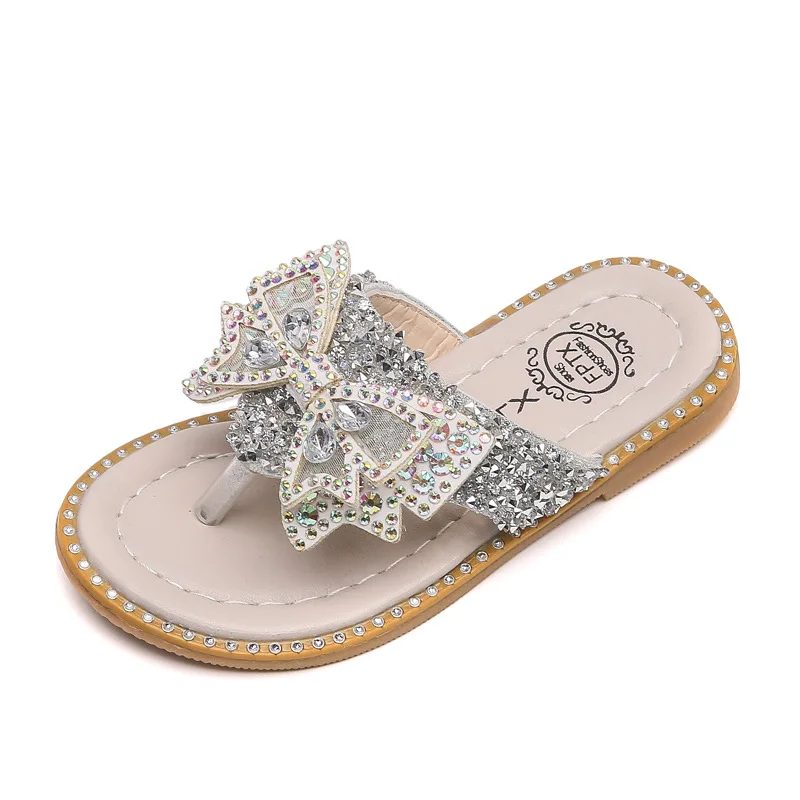  Fashion princess rhinestones sequins bow knot sandals summer outdoor girls kids non-slip flip flops