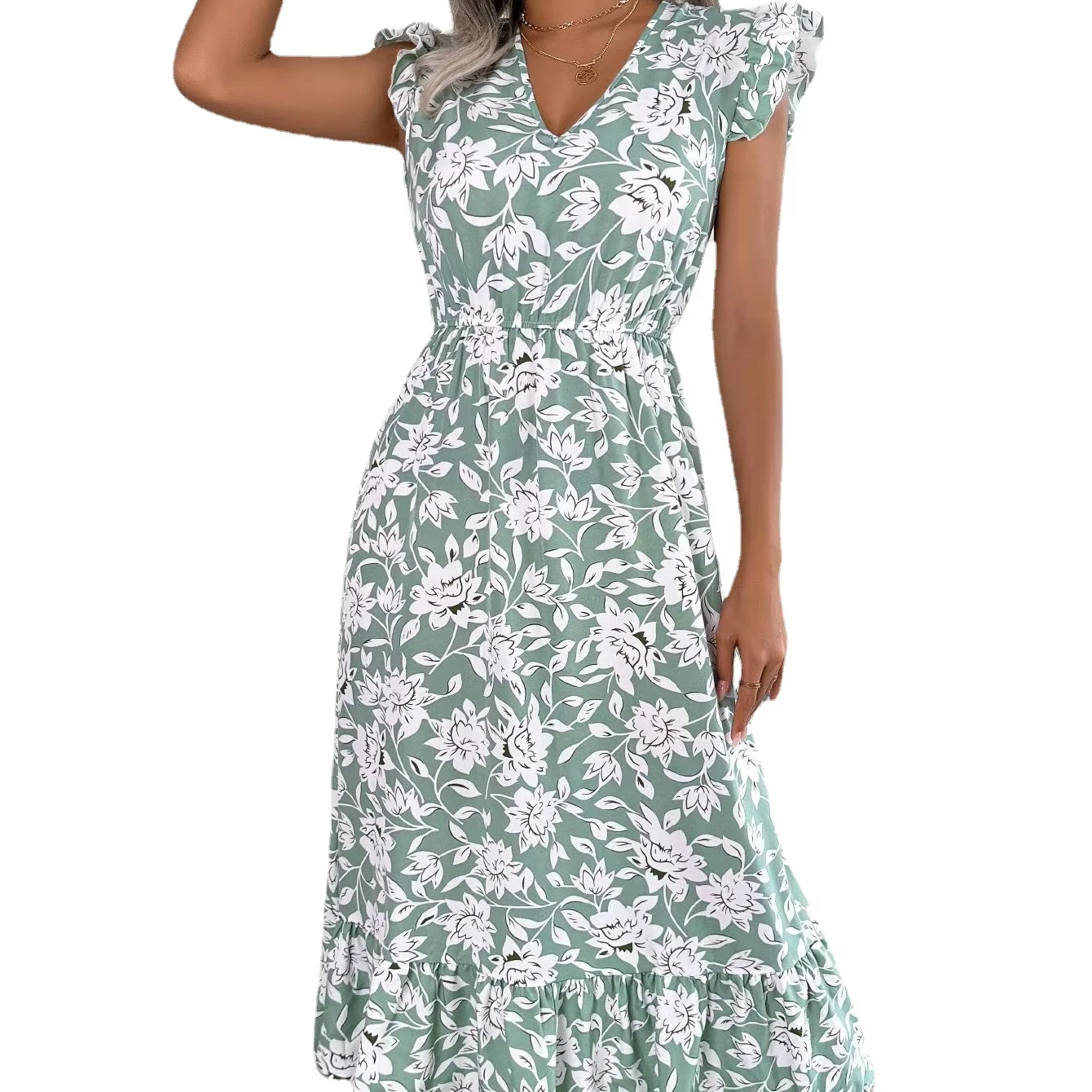 Fashion New Real Photos Of European And American Spring And Summer Casual Fungus Flower Waist Long Skirt Vacation Dress Women S