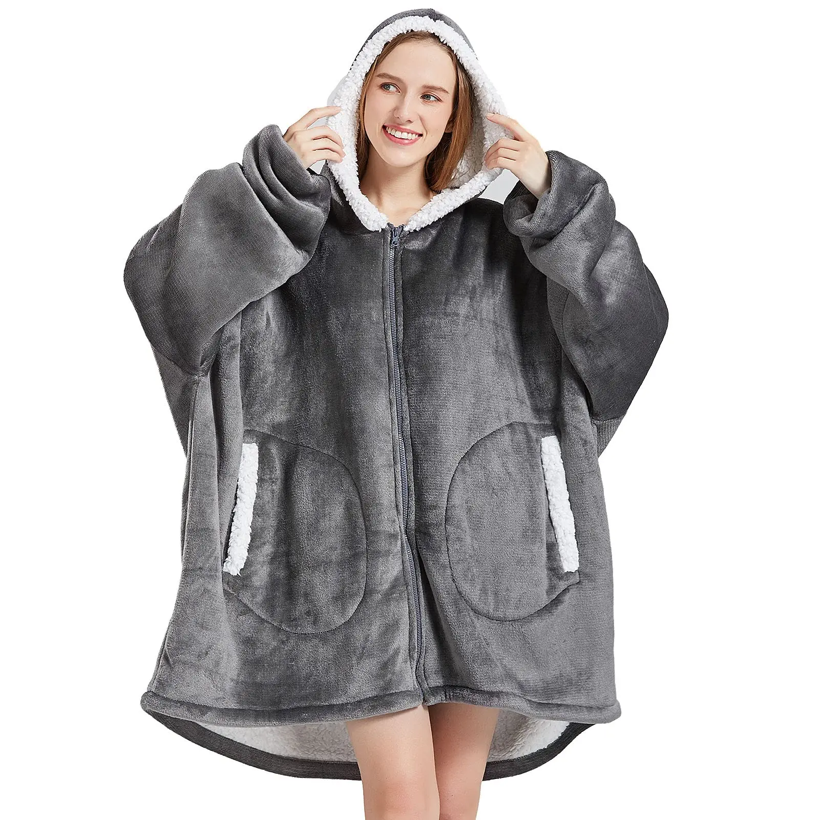 Wearable Blanket Hoodie with Zipper Fluffy Warm Sherpa Oversized Hooded Plush Sweatshirt with Giant Pocket
