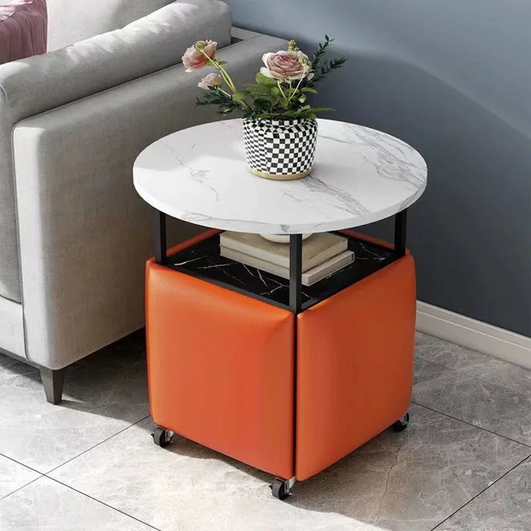 Home Living Room Office Sofa Side Table Set Multi 5 in 1 Marble/MDF Table Top Leather Fabric Tea Coffee End Table with Stool