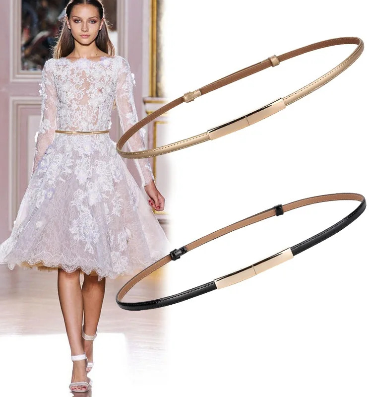 Wholesale Korean style pure color genuine leather  Women Belt Thin Skinny Metal Gold Elastic Buckle Waistband  Waist Belt
