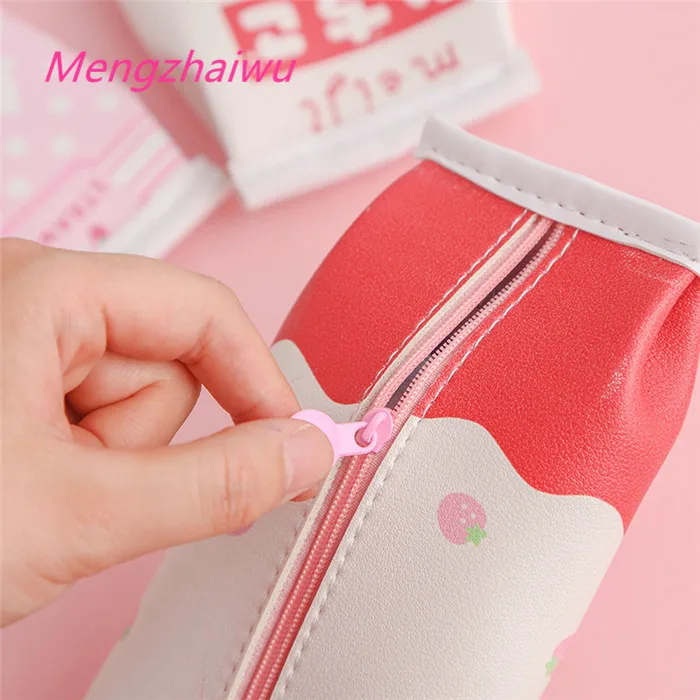 Japan kawaii school supplies list of stationery for kids girls sweet pink Strawberry cute zipper pencil case leather pen bag