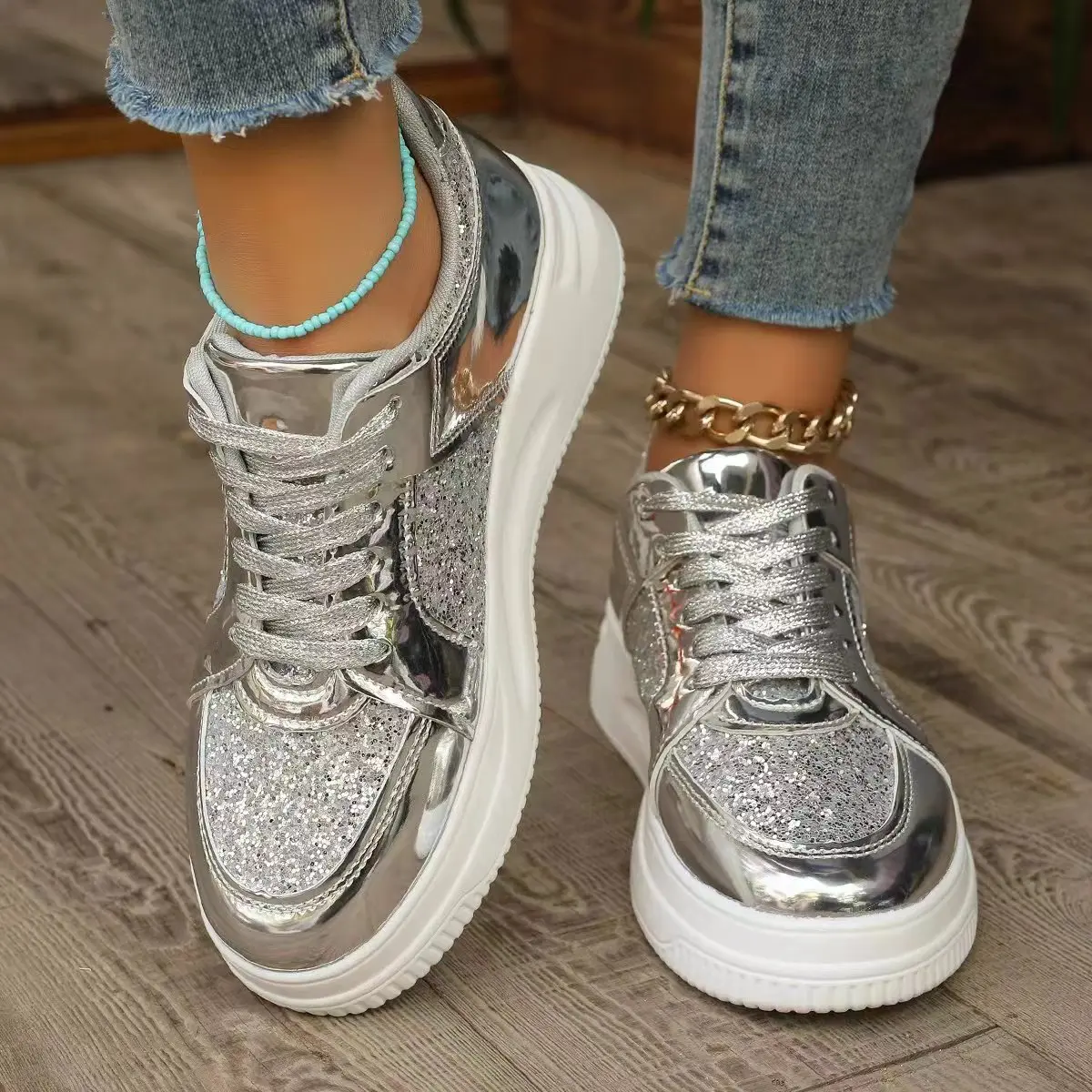 BUSY GIRL ZG4484 Sneakers for Ladies Walking Style Shoes Women Wholesale Gold Silver Sequin Size 11 Running