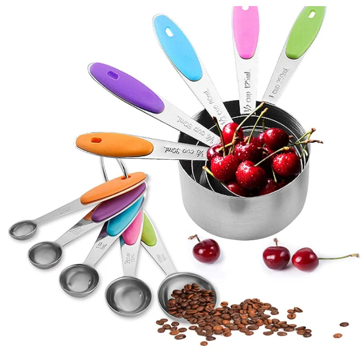 10 Piece Measuring Cups and Spoons Set 5 Measuring Cups and 5 Spoons, Color Handle, Premium Stainless Steel Measuring Cups,