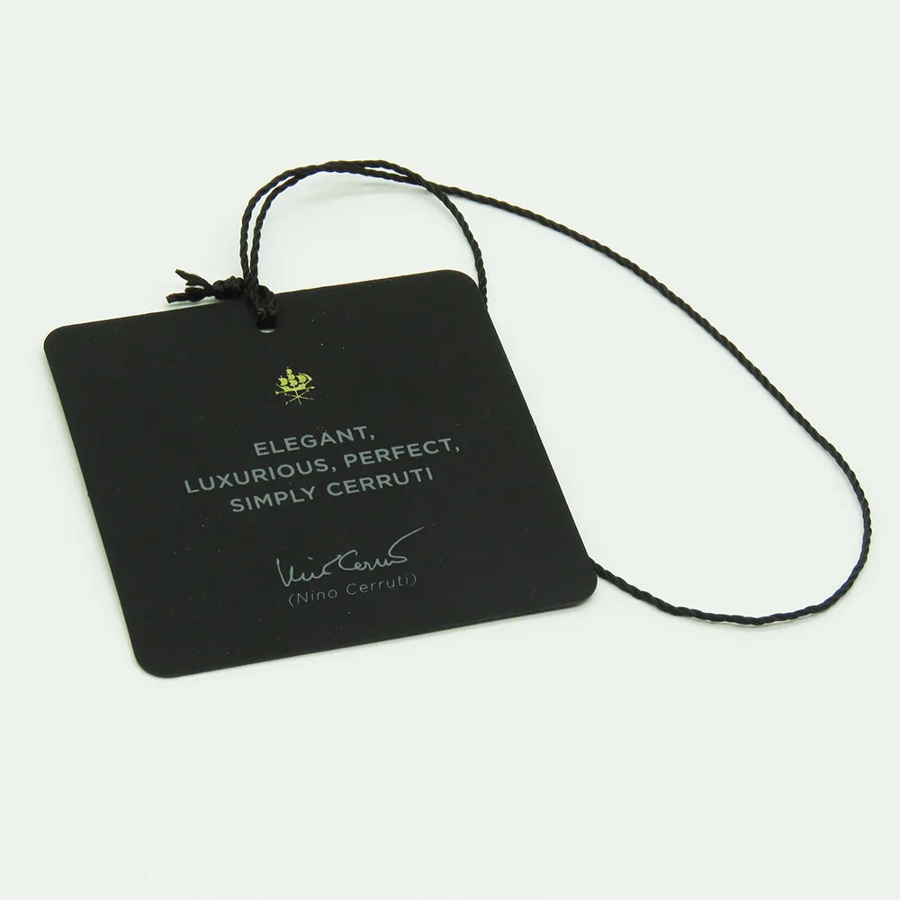 custom printed logo soft touch deep black paper board with string rope bottle neck hang tag