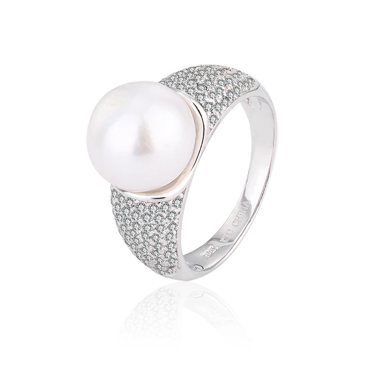 Kammy 9-9.5mm Fashionable Single Natural Freshwater Pearl Rings Zircon Costume Rings Silver 925 Ring For Pearls