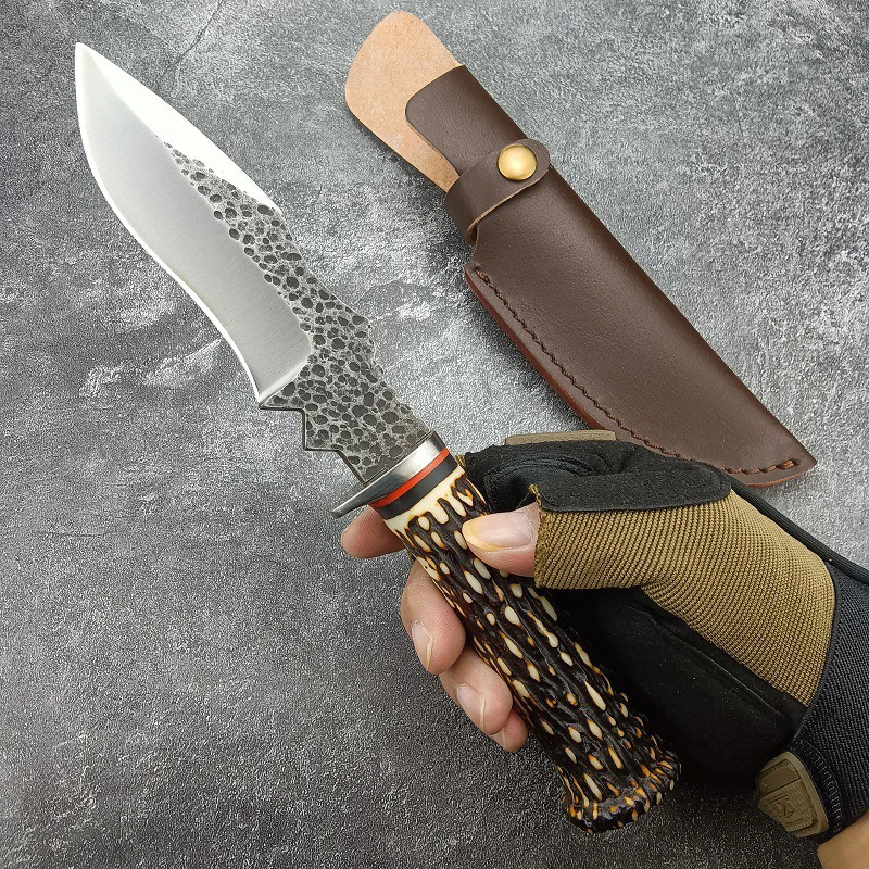 Outdoor Utility Wilderness Hunting Kitchen High Hardness Damascus Pattern Pocket Knife With Leather Sheath forging