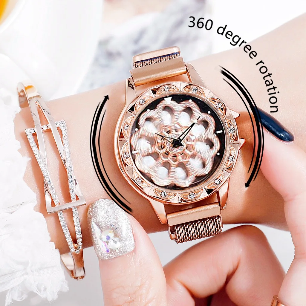 Watch Women Luxury Design 360 Degree Rotating Diamond Dial Watches Mesh Magnet Ladies Watch Quartz Clock Relogio Femino