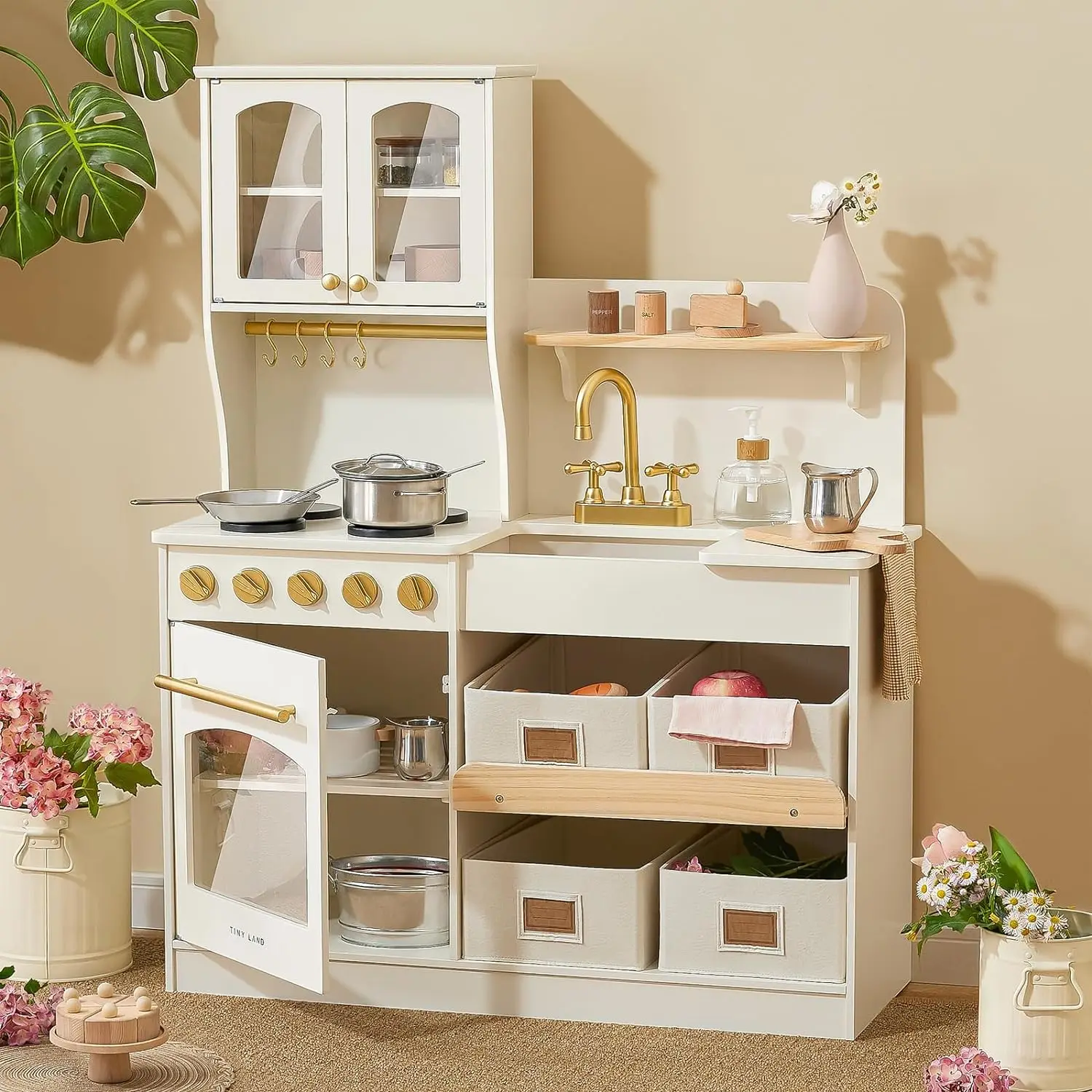 Wooden Play Kitchen with Toy Storage System, Toy Kitchen Set with Plenty of Play Features, Kids Play Kitchen Designed