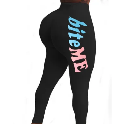 New 2021 Digital Printing Women Bite Me Long Pants High Waist Sexy Bike Sweet Black Elastic Snack Pants