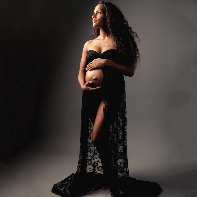 Latest Pregnant Clothing Floor Length Off Shoulder Lace Cut Front Designs Photoshoot Maternity