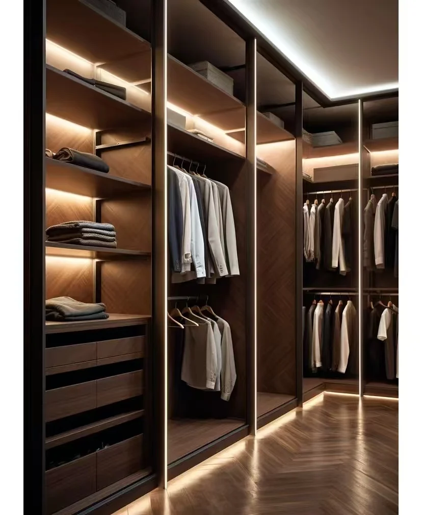 Modern Design Luxury Family Wardrobe Glass Doors Customizable Simple Style Bedroom Furniture Villas Light
