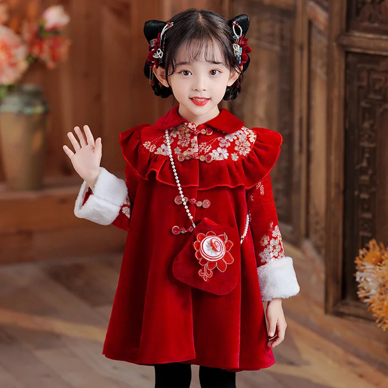 Red girls hanfu winter midi dress chinese style turn down collar princess dress