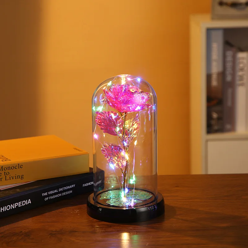 Decorative Led Lamp Galaxy Roses Artificial 24k Gold Foil Rose Flowers In Glass Dome
