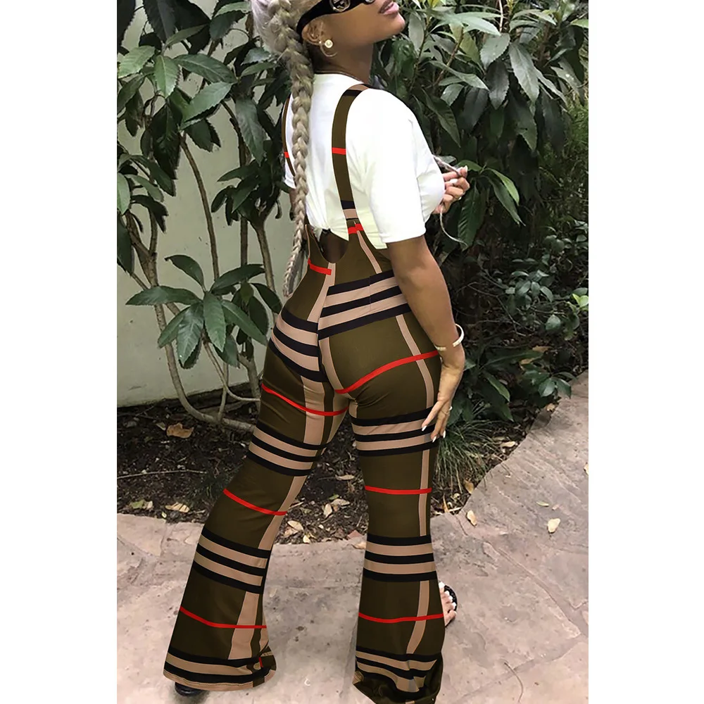 Plaid print suspenders jumpsuit Stylish slim pants zipper casual bell bottoms women grid pants