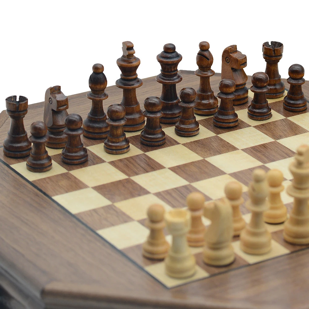 Factory Direct Sales Octagonal Wooden Chess Set Magnetic 35*35*6.5cm Chess Portable Chess Games