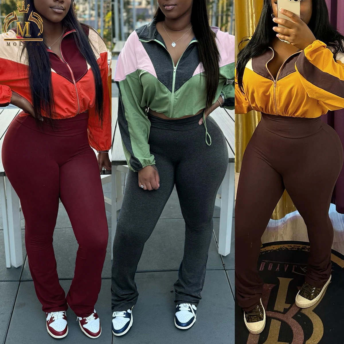 New Fall Women Outfits Zipper Patchwork Crop Jacket Long Pants Slim 2 Piece Sets Casual Two Piece Joggers Pants Tracksuits Women