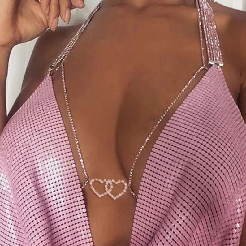 YMEC  style bikini sexy chest chain simple diamond love heart body chain accessories for women