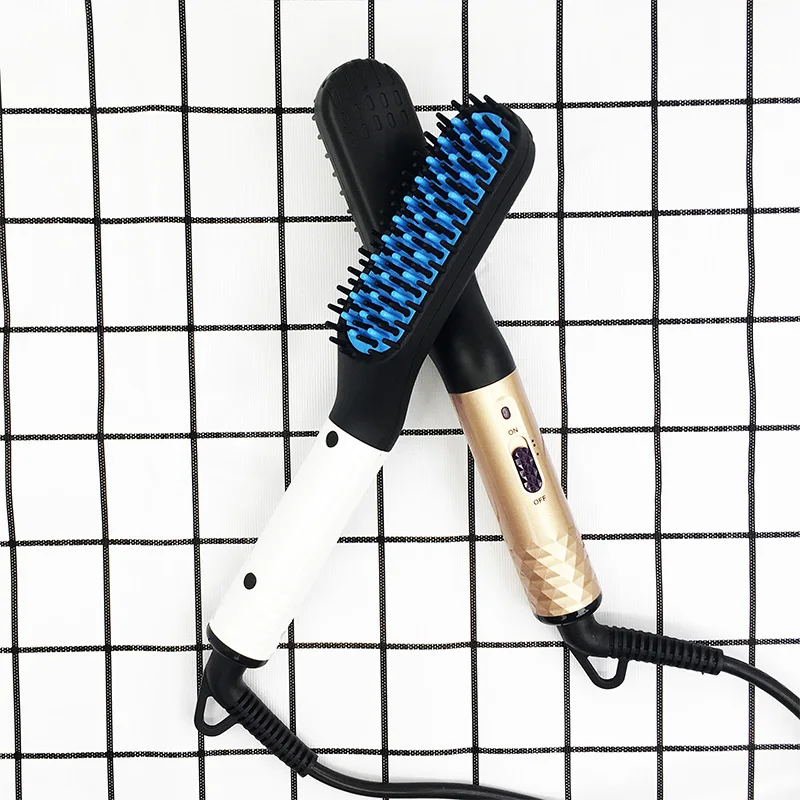 
Amazon Hot 110-240V Anti-Scald Multifunction Mini 2 In 1 Iron Ionic Men Magic Fast Styler Hair Beard Straightener Brush 