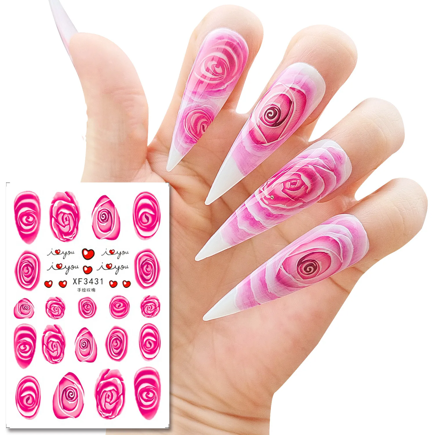 12 Types Hand Painted Rose Series Nail Stickers Designs Gummed Flower Nail Art Stickers Decals Art Decorations With Back Glue