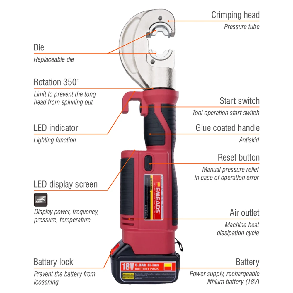 GES-300B  Emeads Battery  Hydraulic Cable Crimper Connector Copper Cordless Electric Crimping Tool